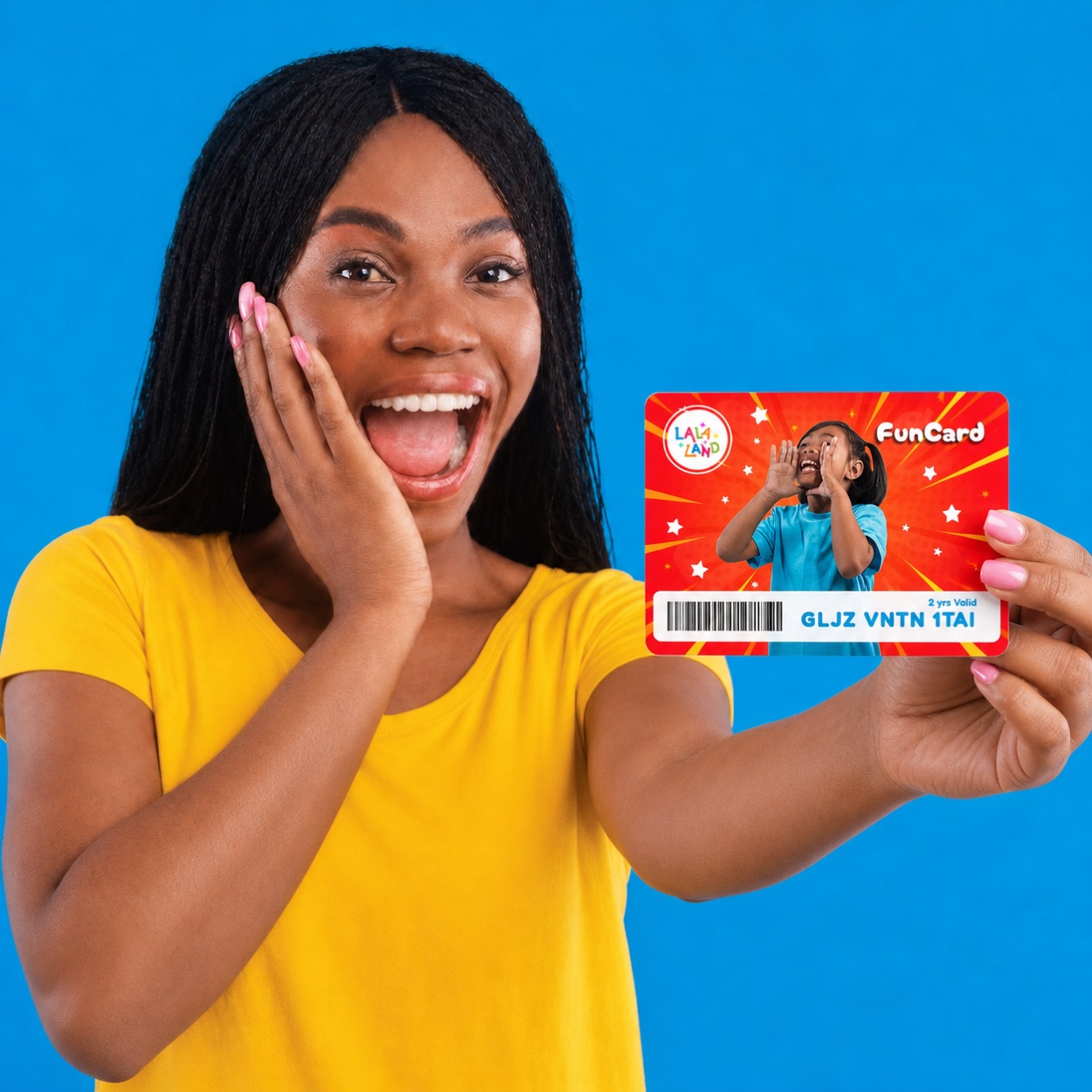 Woman presenting virtual and physical Lala-Land FunCards